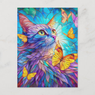 Carte Postale Chat en vitrail 730 papillons bleus jaunes