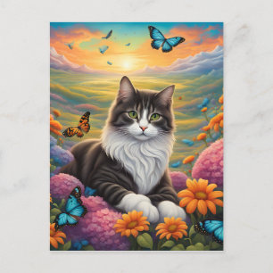 Carte Postale Chat entouré de fleurs et de papillons