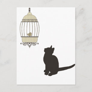 Carte Postale Chat et cage à oiseaux