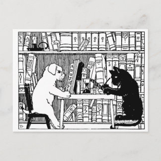 Carte Postale Chat et chien dans la bibliothèque