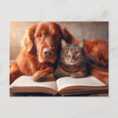 Carte Postale Chat et chien lisant un livre (Devant)
