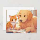 Carte Postale Chat et chien lisant un livre (Devant / Derrière)