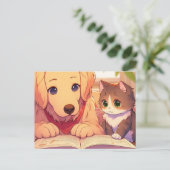 Carte Postale Chat et chien lisant un livre (Debout devant)
