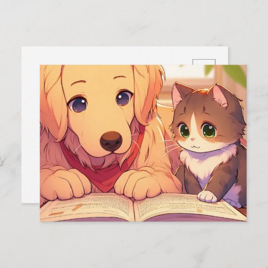 Carte Postale Chat et chien lisant un livre (Devant / Derrière)