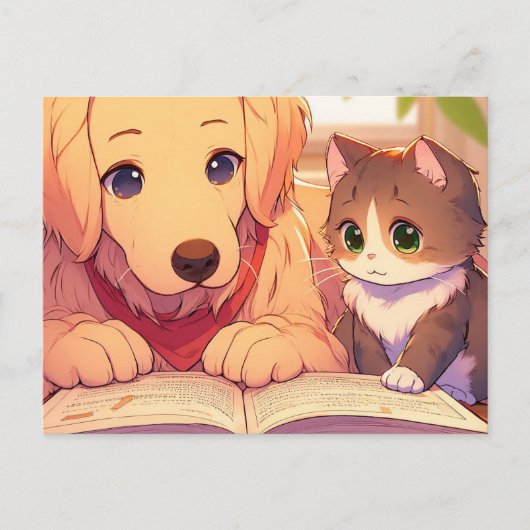 Carte Postale Chat et chien lisant un livre (Devant)