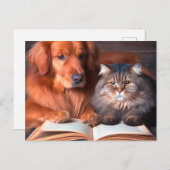 Carte Postale Chat et chien lisant un livre (Devant / Derrière)