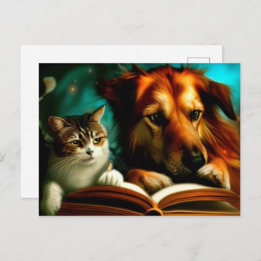 Carte Postale Chat et chien lisant un livre (Devant / Derrière)