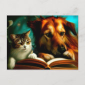 Carte Postale Chat et chien lisant un livre (Devant)