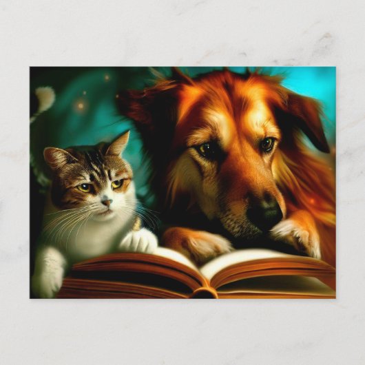 Carte Postale Chat et chien lisant un livre (Devant)