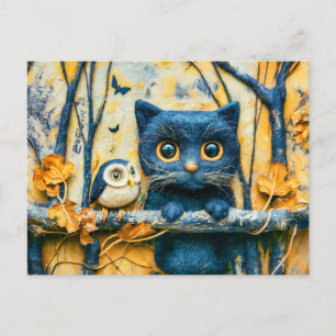 Carte Postale Chat et Chouette dans la forêt à la nuit Fabriqué