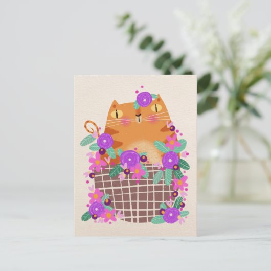 Carte Postale Chat et fleurs orange (Debout devant)