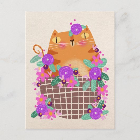 Carte Postale Chat et fleurs orange (Devant)