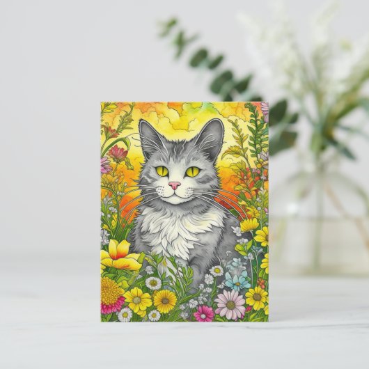 Carte Postale Chat et Fleurs Whimsical (Debout devant)