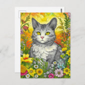 Carte Postale Chat et Fleurs Whimsical (Devant / Derrière)
