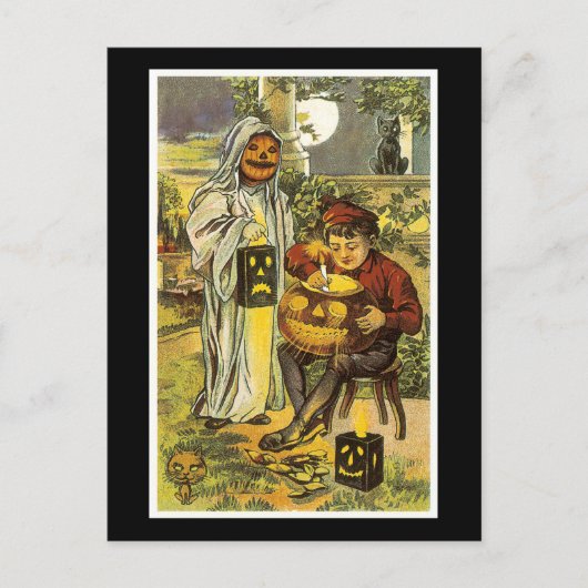 Carte Postale Chat et garçon noirs d'Halloween (Devant)