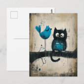 Carte Postale Chat et oiseau géant sur une branche (Devant / Derrière)