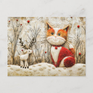Carte Postale Chat et Renne en Hiver Réalisés en Technique de Fe