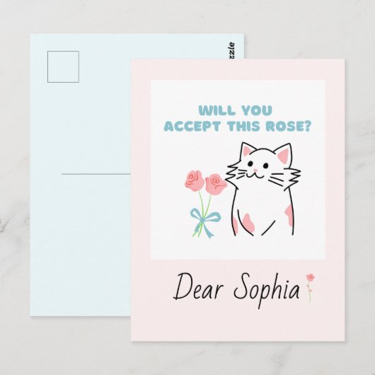 Carte Postale Chat et Rose rose (Devant / Derrière)