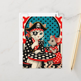 Carte Postale Chat et Souris Pirate Adorables et Café à Points P