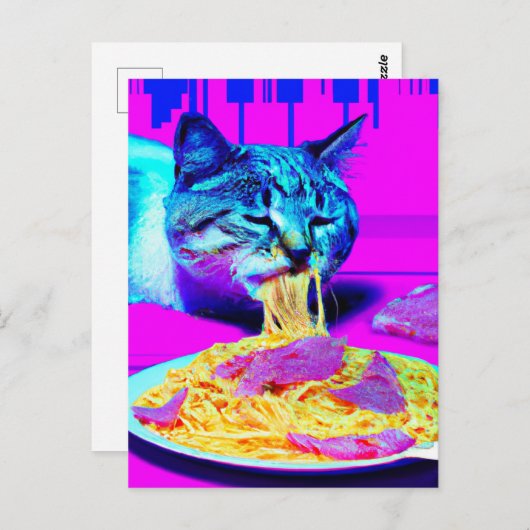 Carte Postale Chat étrange mangeant des spaghetti contenu généra (Devant / Derrière)