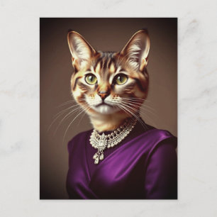 Carte Postale Chat fantaisie portant une robe violette