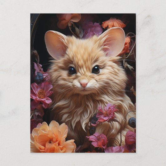 Carte Postale Chat Fantastique Souris dans les Fleurs (Devant)