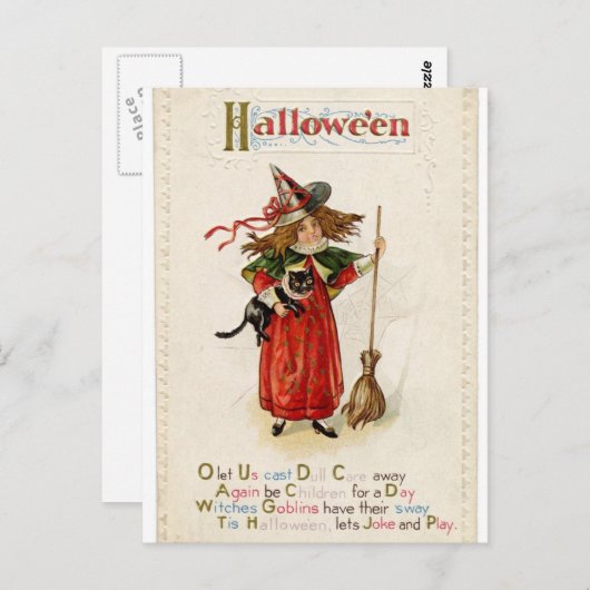 Carte postale Chat Fille Sorcière Halloween Rhyme (Devant / Derrière)