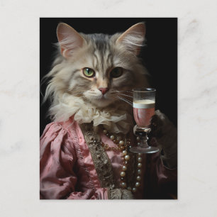 Carte Postale Chat Fluffy Adorable et Champagne Rose