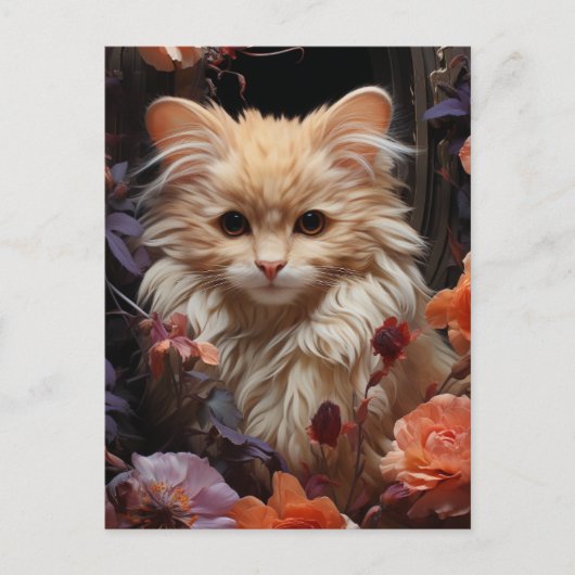 Carte Postale Chat Fluffy dans les Fleurs (Devant)