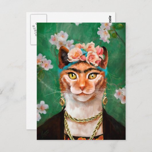 Carte Postale chat Frida avec fleurs (Devant / Derrière)