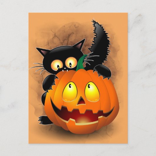 Carte Postale Chat Fun Halloween Caractère mordant un Citrouille (Devant)