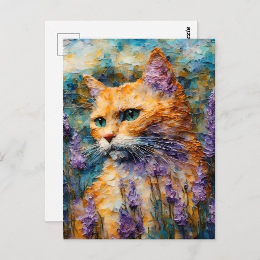 Carte Postale chat gingembre dans un champ de lavande encausé (Devant / Derrière)