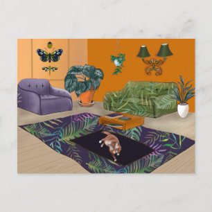 Carte Postale Chat gras endormi sur la pièce jaune mat