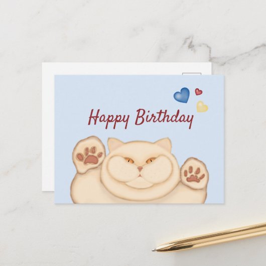 Carte Postale Chat gras Joyeux Anniversaire (Devant/Arrière en situation)