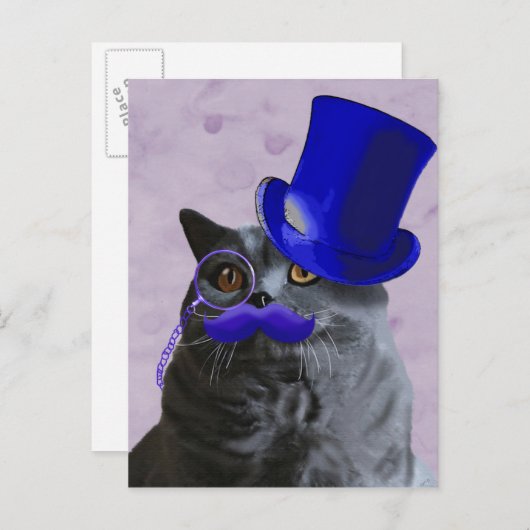 Carte Postale Chat gris avec chapeau bleu et moustache (Devant / Derrière)