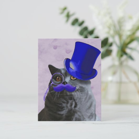 Carte Postale Chat gris avec chapeau bleu et moustache (Debout devant)