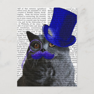 Carte Postale Chat gris avec chapeau bleu et moustache bleue