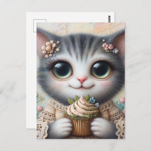Carte Postale Chat gris avec cupcake (Devant / Derrière)