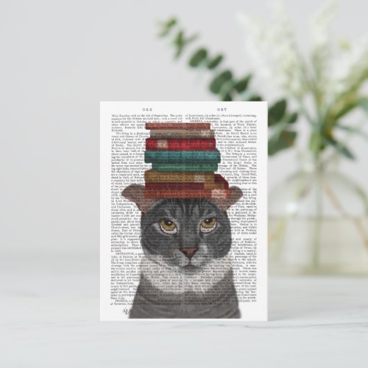 Carte Postale Chat gris avec des livres sur la tête (Debout devant)