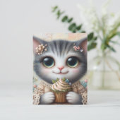 Carte Postale Chat Gris Avec un Cupcake (Debout devant)