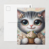 Carte Postale Chat Gris Avec un Cupcake (Devant / Derrière)