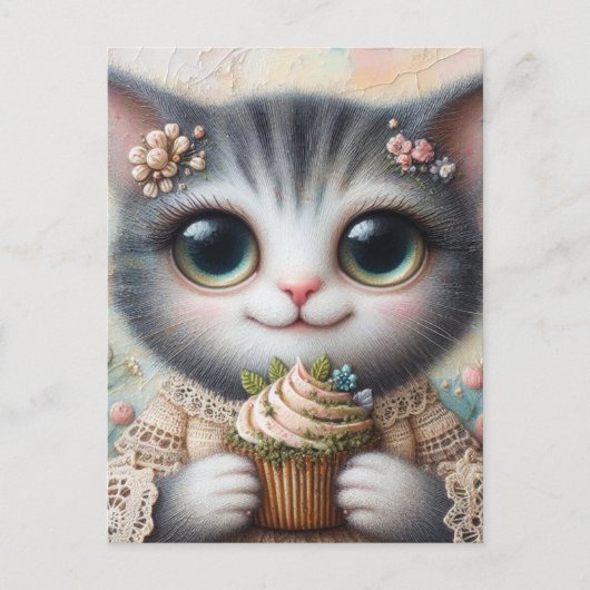 Carte Postale Chat Gris Avec un Cupcake (Devant)