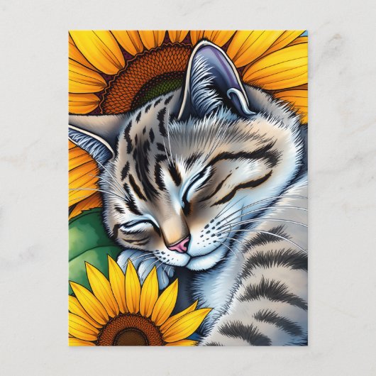 Carte Postale Chat gris et tournesol doux Napping (Devant)