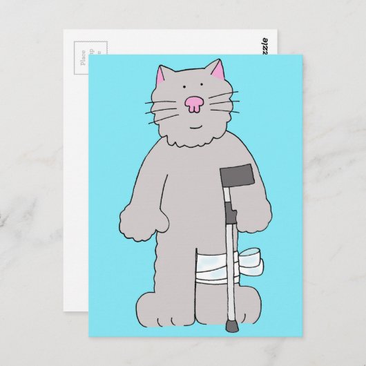 Carte Postale Chat gris sur Crutch Knee Chirurgie récupération (Devant / Derrière)