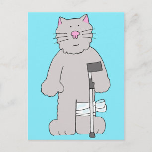 Carte Postale Chat gris sur Crutch Knee Chirurgie récupération