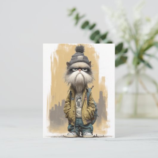 Carte Postale Chat grumpy dans les vêtements de rue (Debout devant)