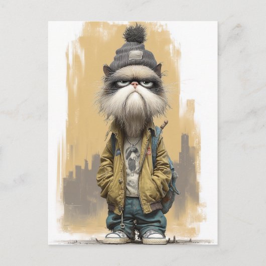 Carte Postale Chat grumpy dans les vêtements de rue (Devant)