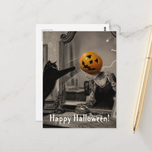 Carte Postale Chat Halloween vintage décapite une tête de citrou
