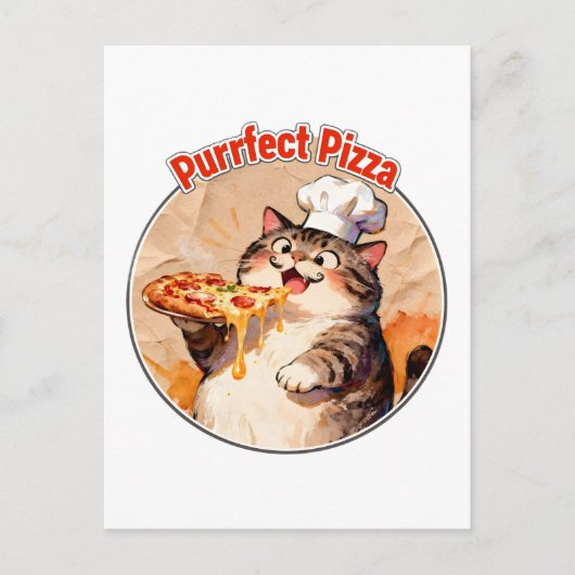 Carte Postale Chat heureux chef avec pizza (Devant)