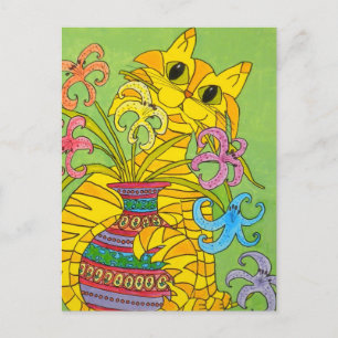 Carte Postale Chat jaune avec Vase de Lilies